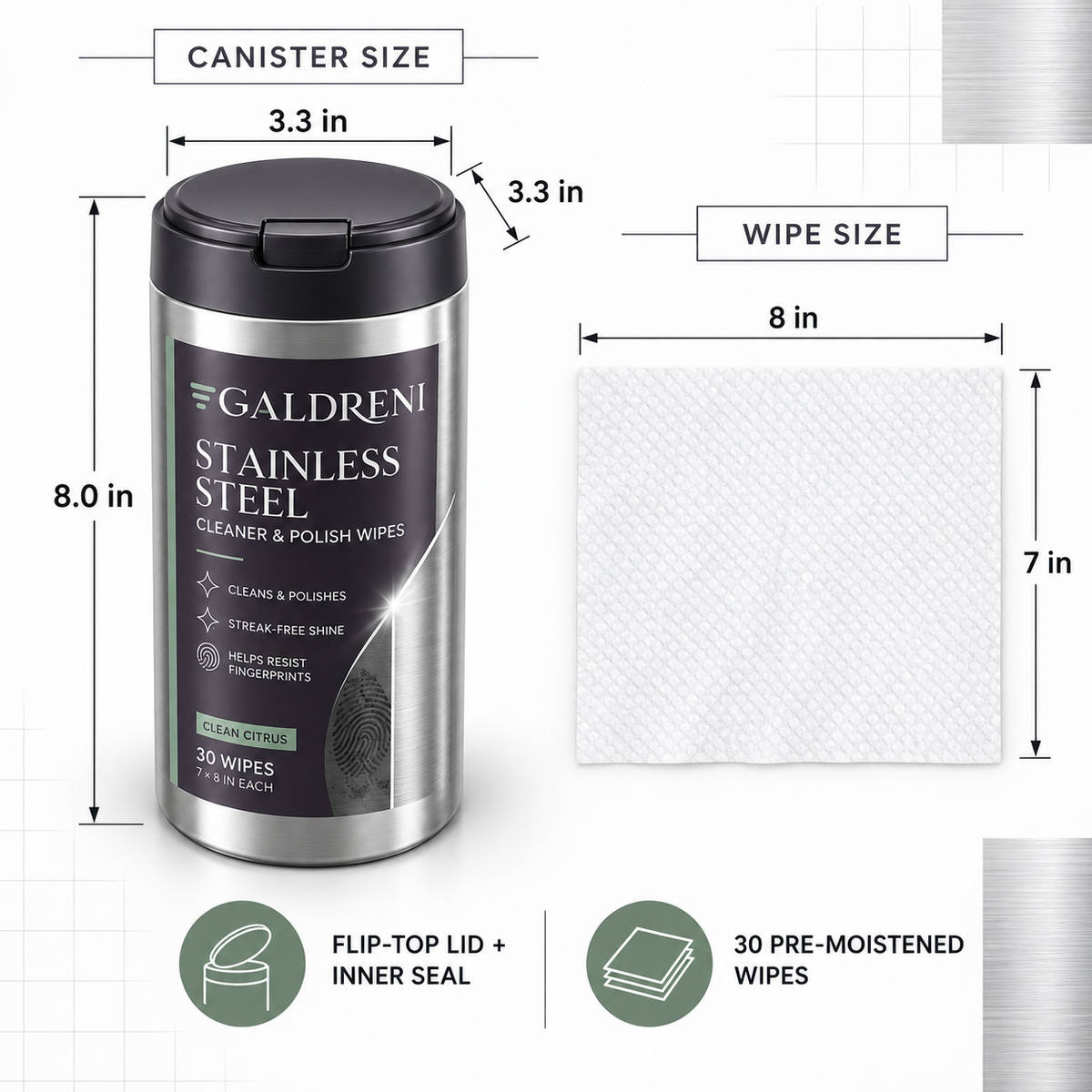 Galdreni Stainless Steel Cleaner & Polish Wipes