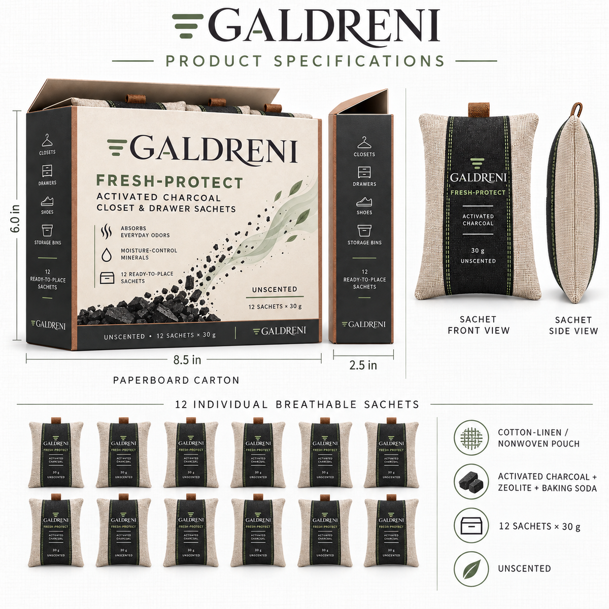 Galdreni Fresh-Protect Activated Charcoal Closet & Drawer Sachets