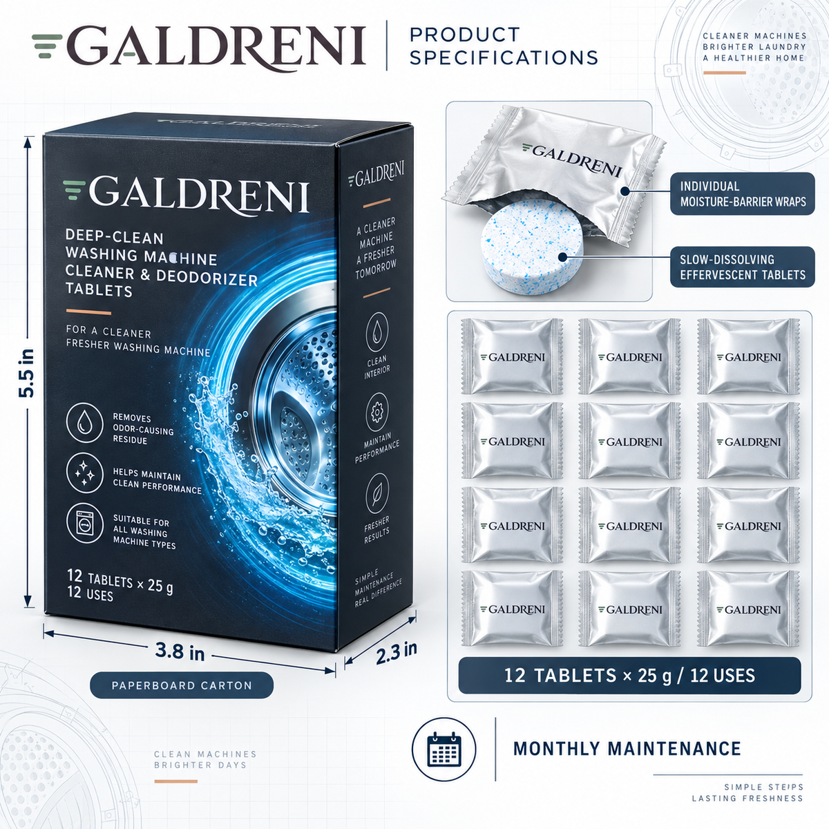 Galdreni Deep-Clean Washing Machine Cleaner & Deodorizer Tablets